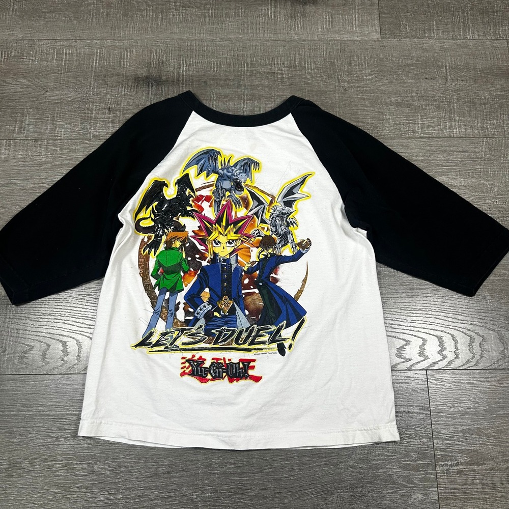 Vintage Yu-Gi-Oh Let's Duel Raglan Shirt Boys‎ L 12/14 Black White 1996 Anime